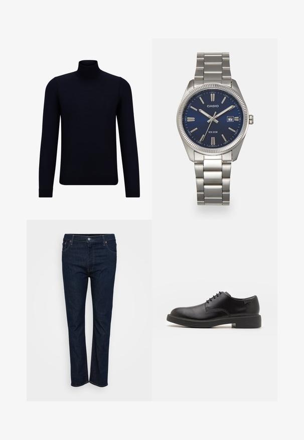 Tumma laivaston sininen pullover-neuletakki, joka on valmistettu hienosta neulosta, pitkillä hihoilla ja istuvalla, korkealla kauluskannalla. Ei näkyviä kuvioita tai koristeita.; Tummansiniset suoralahkeiset farkut, joissa on edessä nappi- ja vetoketjusuljenta, sekä etu- ja takataskut, esitelty valkoista taustaa vasten.; Mustat nahkasaappaat, joissa on pyöreä kärki, sileä pinta, minimaalinen ommel ja matala kumipohja. Logo kannassa.; Harmaa ruostumaton teräs rannekello, jossa on tummansininen kellotaulu, metalliset tuntimerkit ja päivämääränäyttö kello 3:ssa. Vesitiivis 50 metriin asti.