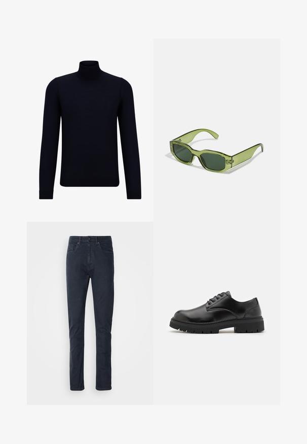 Tmavomodrý rolák vyrobený z jemne pletenej látky, s dlhými rukávmi a priliehavým, vysokým výstrihom. Bez viditeľných vzorov alebo akcentov.; Tmavomodré bavlnené džínsy s rovným strihom, zapínaním na gombík a dizajnom s piatimi vreckami. Hladká textúra a minimálne detaily šitia.; Čierne kožené topánky s okrúhlou špičkou, šnurovací dizajn a hrubou, textúrovanou gumovou podrážkou. Má šitie pozdĺž okraja a hladký povrch.; Zelené priesvitné slnečné okuliare s obdĺžnikovým rámom, tmavozelenými sklami a logom na boku. Hladká textura a moderný dizajn.
