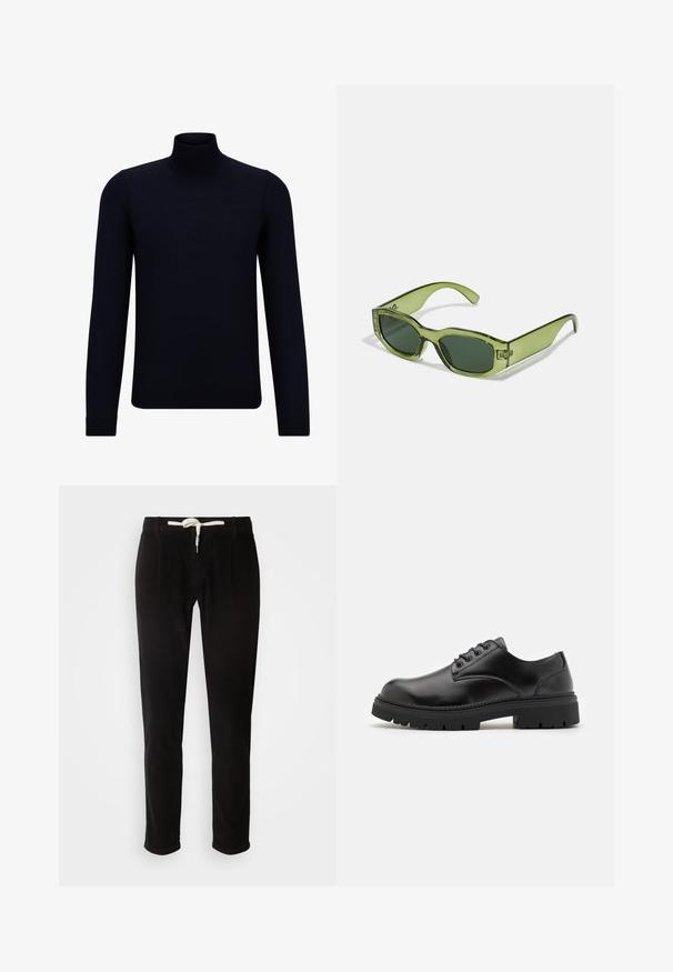 Tmavomodrý rolák vyrobený z jemne pletenej látky, s dlhými rukávmi a priliehavým, vysokým výstrihom. Bez viditeľných vzorov alebo akcentov.; Čierne kordové nohavice s voľným strihom, s bielym stiahnutím v páse, dvoma bočnými vreckami a jemnou jemne rebrovanou textúrou po celom povrchu.; Čierne kožené topánky s okrúhlou špičkou, šnurovací dizajn a hrubou, textúrovanou gumovou podrážkou. Má šitie pozdĺž okraja a hladký povrch.; Zelené priesvitné slnečné okuliare s obdĺžnikovým rámom, tmavozelenými sklami a logom na boku. Hladká textura a moderný dizajn.; Kovový quartzový hodinky s čiernym ciferníkom, bielymi číslicami a zobrazením dátumu. Obsahujú nerezový band a vodoodolnosť 100m.