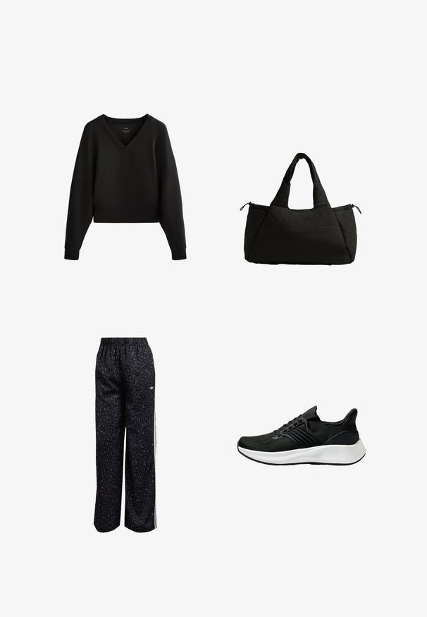 Czarny skrócony sweatshirt z dekoltem w kształcie litery V, długimi rękawami i ściągaczami. Wykonany z miękkiego, gładkiego materiału o minimalistycznym designie.; Czarne spodnie sportowe z motywem panterki, elastyczny pas i białe boki. Wykonane z gładkiego, lekkiego materiału.; Czarne buty sportowe z teksturowaną cholewką, systemem sznurowania i białą podeszwą środkową. Charakteryzują się niskim profilem i zakrzywionym kształtem podeszwy.; Czarna torba typu tote o puszystej fakturze, z dwoma krótkimi uchwytami i boczną kieszenią zabezpieczoną sznurkiem. Prosta, kątowa konstrukcja.