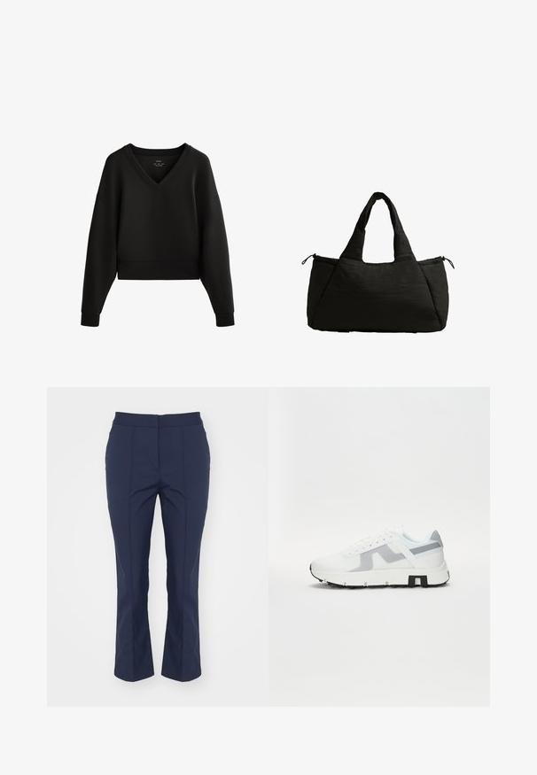 Czarny skrócony sweatshirt z dekoltem w kształcie litery V, długimi rękawami i ściągaczami. Wykonany z miękkiego, gładkiego materiału o minimalistycznym designie.; Granatowe spodni szyte na miarę o prostym kroju, gładkiej fakturze, przednich zakładkach oraz średniej wysokości pasie; brak widocznych kieszeni czy zdobień.; Białe sportowe sneakersy z szarymi akcentami, teksturowaną cholewką, grubą podeszwą i kontrastowym czarnym detalem na pięcie. Sznurowane, z panelami z siateczki.; Czarna torba typu tote o puszystej fakturze, z dwoma krótkimi uchwytami i boczną kieszenią zabezpieczoną sznurkiem. Prosta, kątowa konstrukcja.