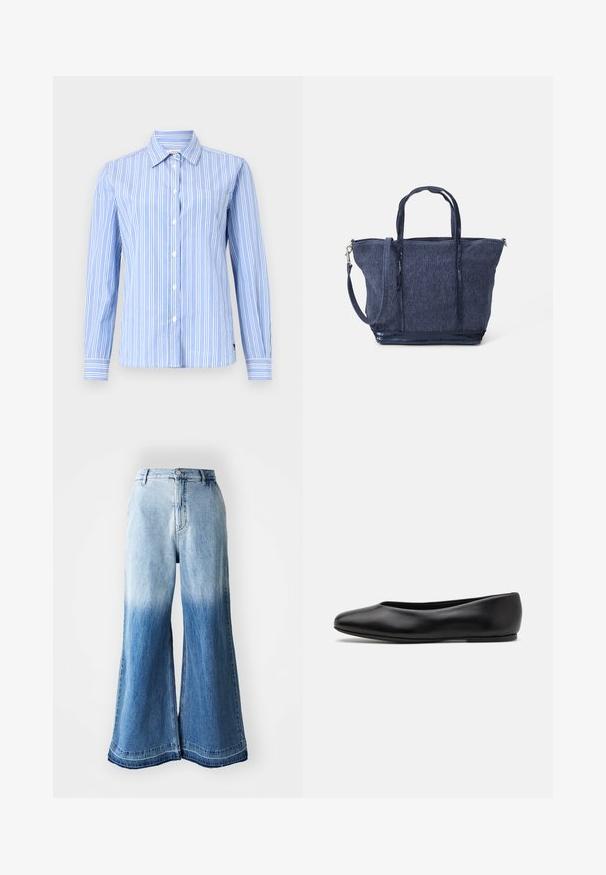 Maglione senza maniche lavorato a maglia con strisce orizzontali multicolori nei toni marroni, blu e crema; sezioni a contrasto con texture e superfici lisce.; Camicia a maniche lunghe blu e bianca a righe con colletto button-down, taschino frontale e texture del tessuto liscia. Presenta una chiusura a bottoni classica.; Camicia cropped azzurro chiaro a maniche lunghe con colletto a camicia, taschino singolo sul petto e logo discreto sul lato inferiore. Texture liscia.; Jeans a gamba larga in denim blu chiaro con una sfumatura sbiadita da chiara a scura, orlo cucito e design a cinque tasche.; Paul Smith TOPANGA - Ballerine - black; Borsa a tote in denim blu navy con doppi manici, tracolla removibile, chiusura con zip e finitura testurizzata; presenta un design strutturato e spazioso.