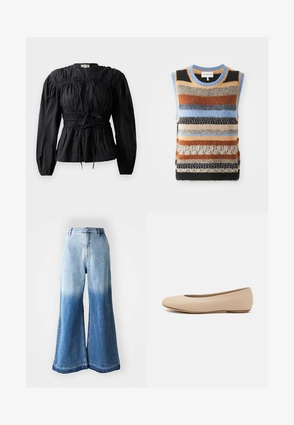 Kootud ilma varrukateta sviiter, millel on mitmevärvilised horisontaalsed triibud pruunides, sinistes ja koorevärvuses; kontrastsete tekstuuride ja siledate sektsioonidega.; Musthave, pika, pikkade varrukatega pluus, volditud kangaga, smockitud vöökohaga ja nööri detailiga. Pluusil on ümmargune kaelus ja sile tekstuur.; Heledad sinise denimi laiad püksid, millel on pleekinud gradient heledast tumedani, õmmeldud äär ja viie tasku disain.; Beeži nahk balletitossud ümarate varvastega, minimaalse õmbluse detailiga, madala kanna ja diskreetse logoga taga. Sile, mati tekstuur.
