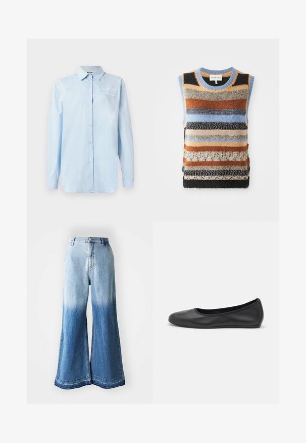 Strikket ermeløs genser med flerfargede horisontale striper i brunt, blått og kremfarge; kontrast mellom teksturerte og glatte seksjoner.; Lyseblå skjorte med knapper laget av bomull. Har klassisk krage, lange ermer, og broderte detaljer på øvre venstre side.; Lyseblå denimbukser med vide ben, som har en falmet gradient fra lys til mørk, sydd søm i bunnen og fem lommer.; Svart skinnballettflatt med rund tå, glatt tekstur, minimal sømdetalj, og et fleksibelt såledesign.