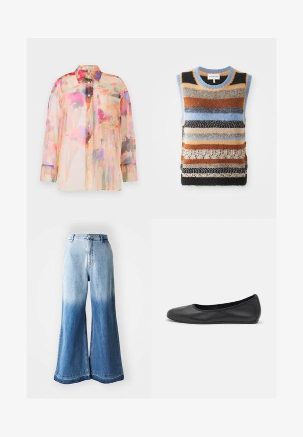 Strickweste ohne Ärmel mit mehrfarbigen horizontalen Streifen in Braun, Blau und Creme; kontrastierende strukturierte und glatte Abschnitte.; Durchsichtige Bluse mit langen Ärmeln in Pastellfarben und floralem Aquarellmuster, mit Kragen, Knöpfen auf der Vorderseite und einer Brusttasche.; Hellblaue Denim-Breitbein-Jeans mit einem verblassten Farbverlauf von hell nach dunkel, gesticktem Saum und Five-Pocket-Design.; Schwarze Leder-Ballettschuhe mit abgerundeter Spitze, glatter Textur, minimalen Nähdetails und einem flexiblen Sohlen-Design.