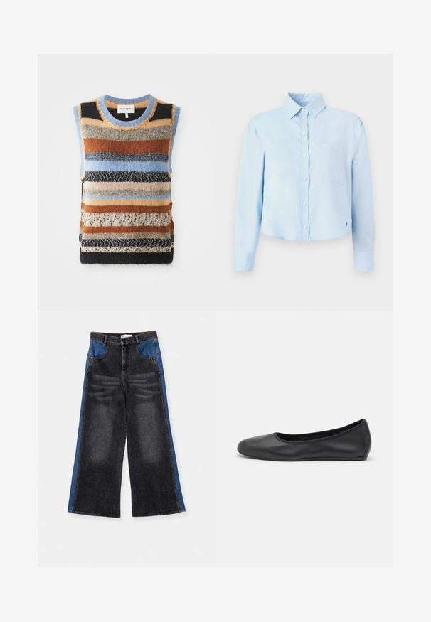 Pull sans manches tricoté présentant des rayures horizontales multicolores dans des tons de marron, de bleu et de crème ; sections texturées en contraste et lisses.; Chemise cropped à manches longues de couleur bleu clair, avec un col à rabat, une poche poitrine unique et un logo discret sur le bas. Texture lisse.; Jean large avec de la denim gris foncé et des panneaux latéraux bleus. Détails déchirés sur le devant, fermeture par bouton et poches standard.; Ballerines en cuir noir avec un bout rond, texture lisse, détails de couture minimalistes et design de semelle flexible.