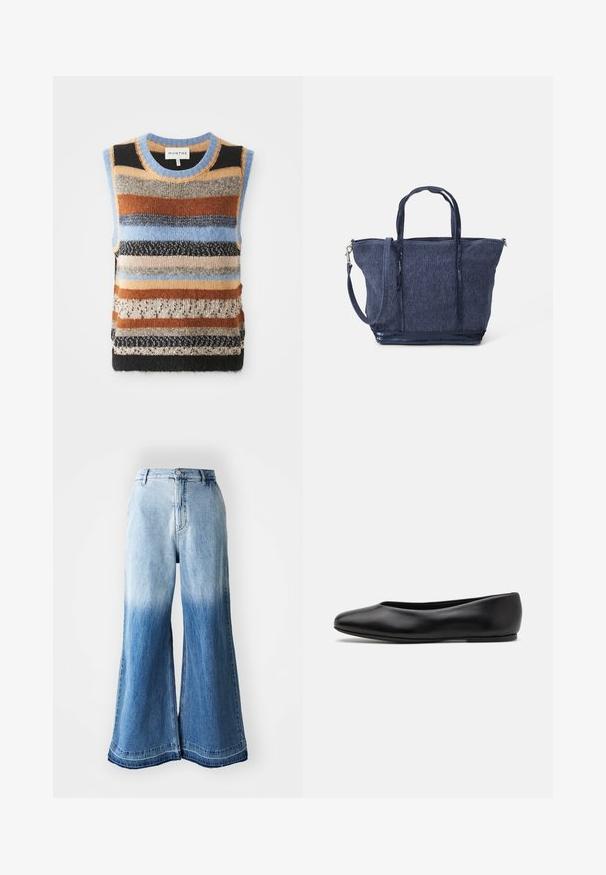 Gebreide mouwloze trui met meerkleurige horizontale strepen in bruin, blauw en roomkleur; contrasterende textuur en gladde delen.; Lichtblauw, lange mouwen cropped shirt met een button-down kraag, enkele borstzak en subtiele logo aan de onderzijde. Soepele textuur.; Lichtblauwe denim broek met wijde pijpen, kenmerkend door een vervaagde gradient van licht naar donker, gestikte zoom en vijf zakken.; Paul Smith TOPANGA - Ballerina's - black; Marine denim totebag met dubbele handvatten, afneembare schouderriem, ritsafsluiting en textuurafwerking; heeft een gestructureerd, ruim ontwerp.
