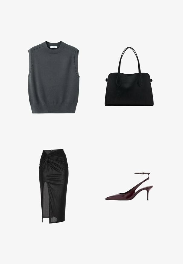Ärmelloser dunkelgrauer Pullover mit rundem Ausschnitt, geripptem Saum und Schulternähten. Die Stofftextur wirkt glatt und leicht dehnbar.; Schwarzer Midi-Rock aus dehnbarem Stoff, mit einem verdrehten Frontdesign, seitlichem Schlitz und Reißverschluss auf der Rückseite.; Burgunderfarbene Lackleder-Pumps mit spitzem Zehenbereich, Slingback-Design, dünnem Knöchelriemen und mittelhohem Stiletto-Absatz auf weißem Hintergrund.; Schwarze Lederhandtasche mit zwei Schulterriemen, rechteckiger Form und minimalistischem Design auf weißem Hintergrund.