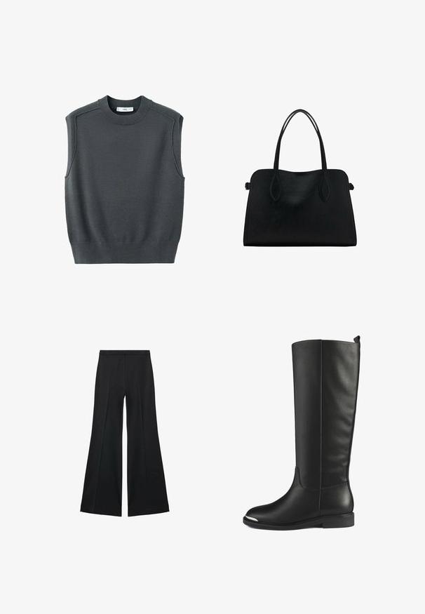 Ærmeløs mørkegrå sweater med rund halsudskæring, ribbede kanter og skuldersøm. Stofoverfladen virker glat og let strækbar.; Sorte brede bukser med en glat tekstur, der har fremadrettede folder og en skræddersyet design. Stofferne er lette og flerdimensionelle.; Støvler i sort læder til knæet med en glat overflade, rund tå og sølvaccent på tåkappen. Med en lav, flad hæl og sømløst design.; Sort læderhåndtaske med dobbelte skulderremme, rektangulær form og minimalistisk design på en hvid baggrund.