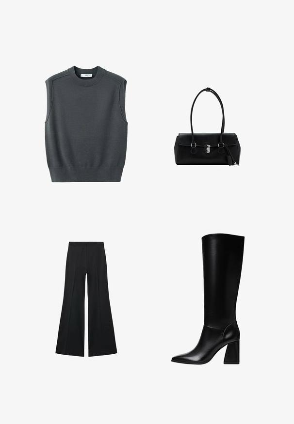 Bezrukávový tmavě šedý svetr s kulatým výstřihem, žebrovaným lemem a švy na ramenech. Textura látky se zdá být hladká a lehce elastická.; Černé kalhoty s širokými nohavicemi a hladkou texturou, s předními sklady a přizpůsobeným střihem. Materiál je lehký a splývavý.; Stradivarius Kozačky na vysokém podpatku - black; Černá kožená kabelka s hladkým povrchem, strukturovaným designem, dvojitými uchy a stříbrným kováním ve středu.