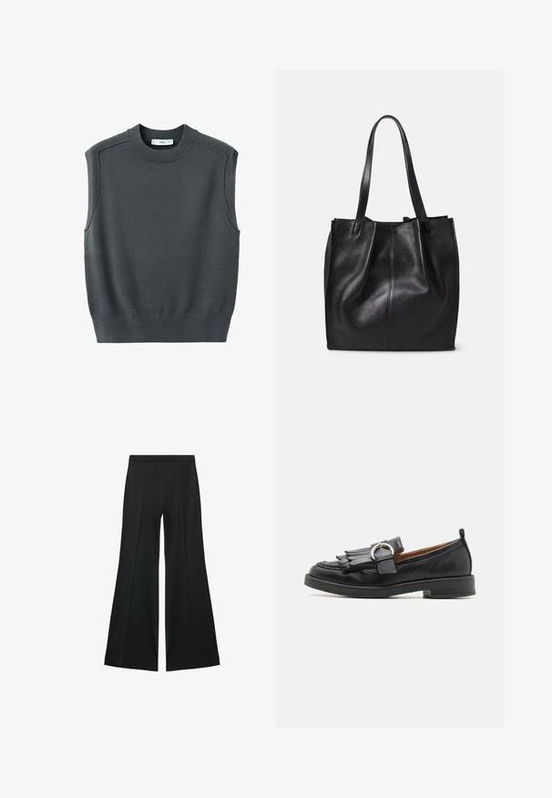 Bezrukavni tamno sivi pulover s okruglim izrezom, rebrastim rubom i šavovima na ramenima. Tekstura tkanine izgleda glatko i blago rastezljivo.; Crne široke hlače s glatkom teksturom, koje imaju prednje nabore i kroj po mjeri. Tkanina je lagana i lepršava.; Pavement MATILDA - Obuća za navlačenje - black; Crna kožna torba sa teksturiranom površinom, jednim odjeljkom i dvije duge drške. Mekan, nestrukturiran oblik bez vidljivih metalnih dijelova.