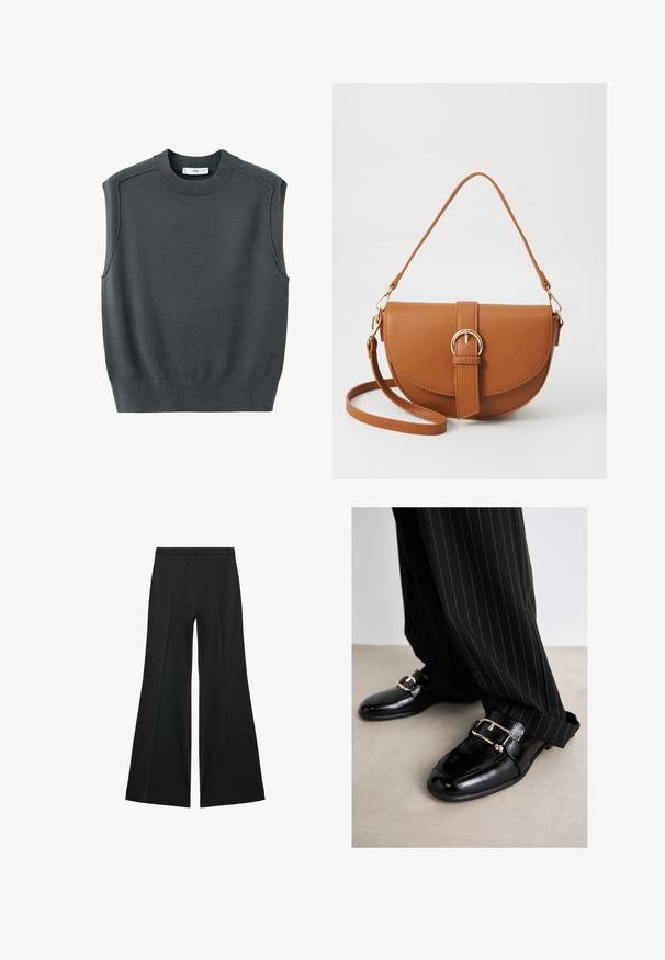 Beżowy sweter bez rękawów z okrągłym dekoltem, ściągaczem u dołu i szwami na ramionach. Tekstura materiału wydaje się gładka i lekko rozciągliwa.; Czarne spodnie o szerokich nogawkach z gładką teksturą, z przodu ozdobione zakładkami i skrojonym fasonem. Materiał jest lekki i zwiewny.; Czarne skórzane buty o połysku, z dużą złotą klamrą i paskiem, zestawione z czarnymi spodniami w paski.; Brązowa skórzana torba na ramię o zaokrąglonym kształcie, ze złotymi akcentami i zapięciem w formie klamry. Posiada odpinany pasek na ramię.