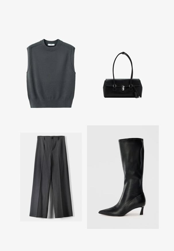 Svetnik brez rokavov v temno sivi barvi z okroglim izrezom, rebrastim robom in šivom na ramenih. Tkanina ima gladko in nekoliko raztegljivo teksturo.; Hlače širokega kroja v temno sivi tkanini, z gumbnim zapenjanjem, sprednjimi naborki in zankami za pas. Gladka tekstura s prilagojenim dizajnom.; Črne usnjene čizme do kolen s koničastim nosom in zmerno peto. Gladka tekstura in eleganten dizajn s subtilnimi šivi.; Črna usnjena torbica z gladko teksturo, strukturirano zasnovo, dvema ročkama in s srebrnim sponko na sredini.