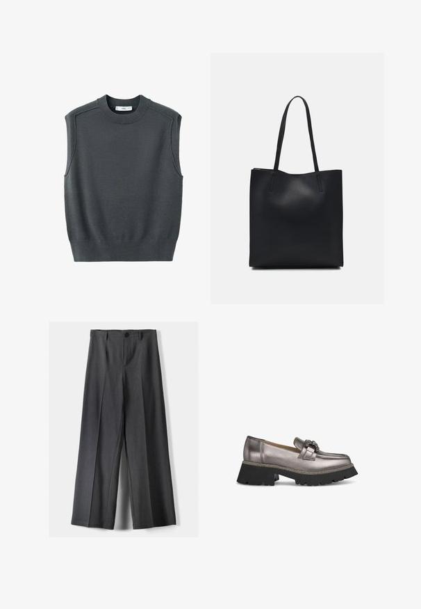 Maglione senza maniche grigio scuro con scollatura rotonda, orlo a coste e cuciture sulle spalle. La trama del tessuto appare liscia e leggermente elastica.; Pantaloni a gamba larga in tessuto grigio scuro, dotati di chiusura con bottone, pieghe frontali e passanti per cintura. Texture liscia con un design su misura.; Mocassini grigio metallico con una robusta suola nera a piattaforma, dotati di una fibbia decorativa e di un bordo con texture lungo il perimetro.; Borsa tote in pelle nera con texture liscia, forma rettangolare e due manici lunghi. Nessun hardware o decorazione visibile.