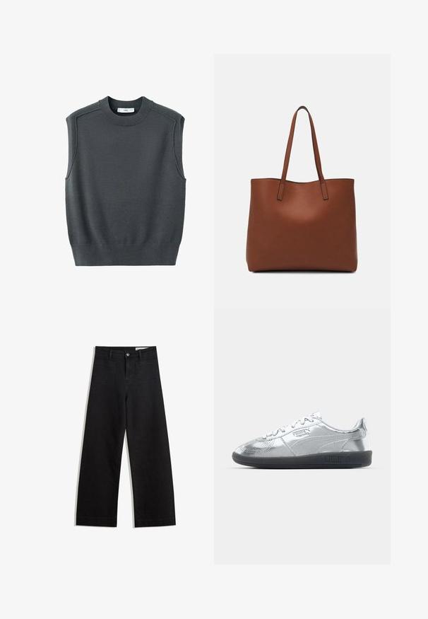 Svetnik brez rokavov v temno sivi barvi z okroglim izrezom, rebrastim robom in šivom na ramenih. Tkanina ima gladko in nekoliko raztegljivo teksturo.; Črne široke denim hlače z visokim pasom, ki imajo sprednje in zadnje žepe, šivane šive ter gumbasto zapiranje. Gladka tekstura.; Srebrni tenisk na gladki, odsevni zgornji strani, s črnimi gumijastimi podplati in klasičnim vezalnim dizajnom. Puma logo na strani.; Rjava usnjena torba z gladko teksturo, odprto zasnovo zgoraj in dvema naramnima trakovoma. Opremljena je z minimalnim šivanjem in brez vidnih kovinskih delov.