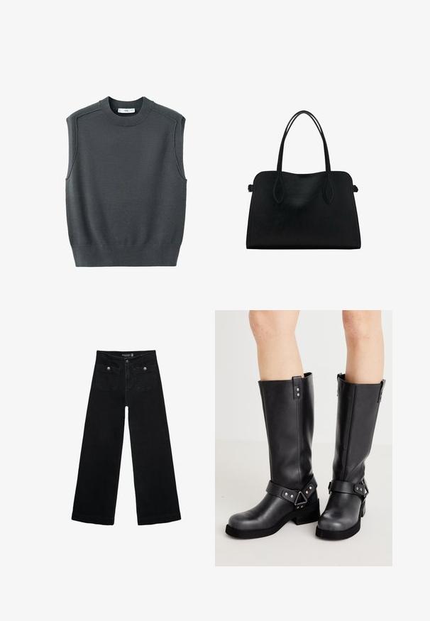 Hihaton tummanharmaa neule, jossa on pyöreä pääntie, ribbireuna ja olkasaumat. Kangas näyttää sileältä ja hieman joustavalta.; Mustat leveälahkeiset farkut korkean vyötärön kanssa, joissa on kaksi etutaskua ja metalliset nappikoristeet. Kangas on sileä.; Mustat nahka polvipituiset saappaat, joissa on leveä varsi, hihnatehosteita, hopeaosat ja litteä pohja. Sujuva pinta, jossa on kevyt kiilto.; Mustavihreä nahkalaukku, jossa on kaksinkertaiset olkahihnat, suorakaiteen muotoinen ja minimalistinen muotoilu valkoisella taustalla.