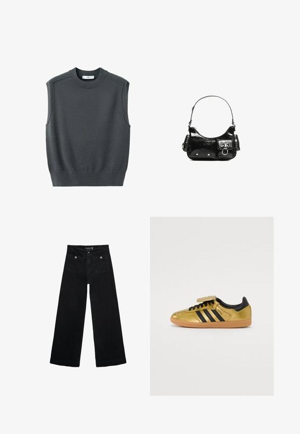 Hihaton tummanharmaa neule, jossa on pyöreä pääntie, ribbireuna ja olkasaumat. Kangas näyttää sileältä ja hieman joustavalta.; Mustat leveälahkeiset farkut korkean vyötärön kanssa, joissa on kaksi etutaskua ja metalliset nappikoristeet. Kangas on sileä.; Kultaiset ja mustat lenkkarit, joissa on sileä pinta, kolme mustaa raitaa, tarranauhakiinnitys, kumipohja ja pehmustettu varsi.; Mustekko mustasta kiiltonahasta valmistettu käsilaukku, jossa on kaareva muoto, yksi olkahihna, etutaskut ja hopeanväriset yksityiskohdat.