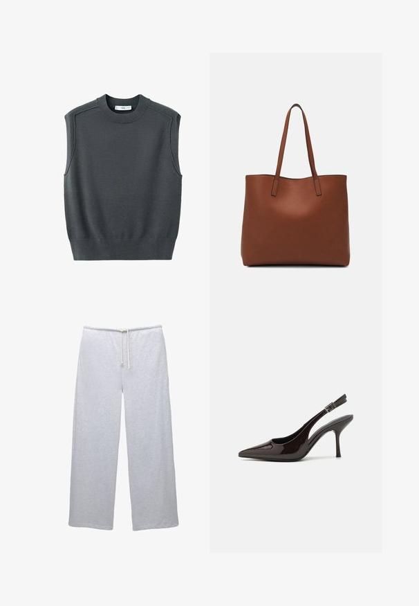 Ærmeløs mørkegrå sweater med rund halsudskæring, ribbede kanter og skuldersøm. Stofoverfladen virker glat og let strækbar.; PULL&BEAR Træningsbukser - grey; Slingback højhælet sko i glat mørkebrun patenteret læder, spids tå, åbne sider og justerbar ankelrem.; Brun læder tote taske med en glat overflade, åben topdesign og to skulderremme. Har minimal syning og ingen synlig hardware.