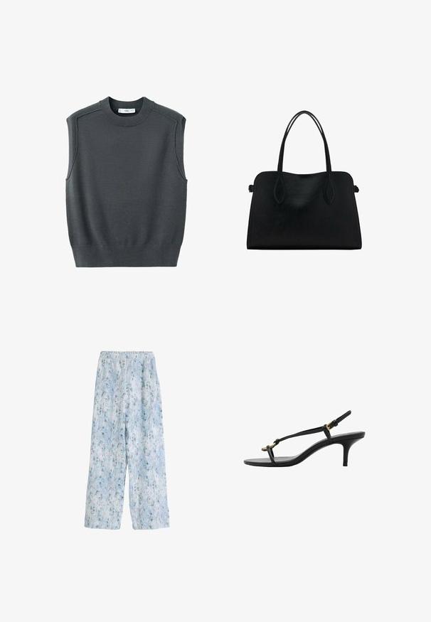 Pulover fără mâneci, de culoare gri închis, cu guler rotund, tiv cu caneluri și cusături pe umeri. Textura materialului pare netedă și ușor elastică.; Pantaloni largi cu un model albastru deschis, cu un brâu elastic, având un design floral și linii verticale, confecționați dintr-un material moale.; Sandal cu toc kitten din piele neagră, cu curele subțiri, cataramă aurie și buclă minimalistă pentru degetele de la picioare, pe un fundal alb.; Geantă din piele neagră cu două mânere pentru umăr, formă rectangulară și design minimalistic pe un fundal alb.