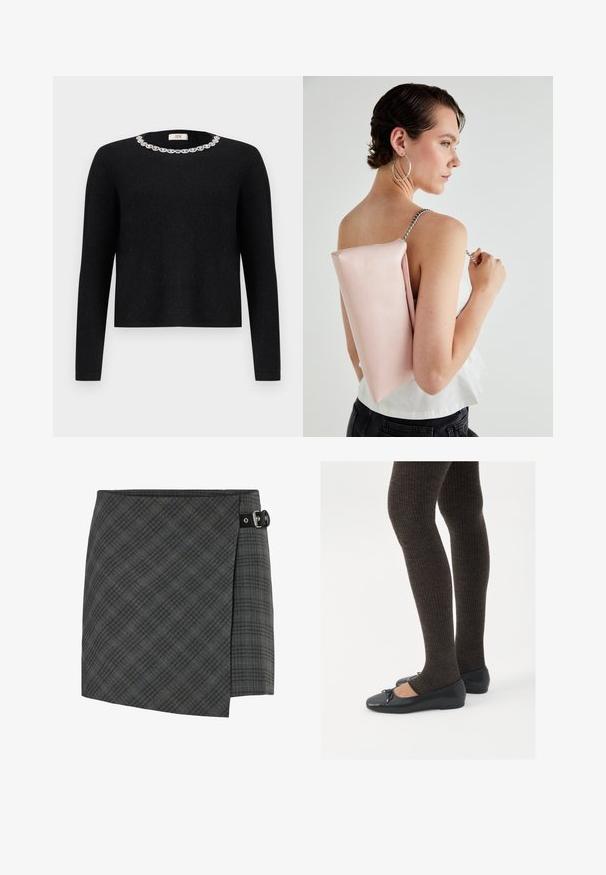 Juodas megztinis su ilgomis rankovėmis ir apvaliu iškirpimu, papuoštas dekoratyviniais kristalų akcentais aplink kaklą. Minkšta tekstūra.; Tamsiai pilka languota vilnonė apvyniota sijonas su juodu užsegimu dešinėje pusėje, tiesi apatinė kraštinė ir subtilių įstrižų linijų raštas.; Juodos plokščios bateliai su maža kaspinėlio detale prie pirštų, derinami su tamsiai rudos spalvos raukšlėtomis pėdkelnėmis. Bateliai turi lygų paviršių ir žemą profilį.; Rožinė odinė rankinė stačiakampio formos, su sidabro spalvos grandinės diržu ir lygiu paviršiumi, nešiojama ant nugaros. Paprastas dizainas be matomų raštų.