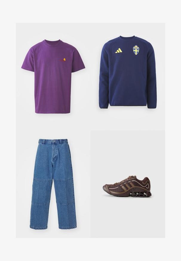 Navy blue sweatshirt with round neckline, long sleeves, and textured shoulder panels. Features yellow Adidas logo and Sweden crest.; Purple cotton t-shirt with a crew neckline. Features a small yellow and red logo on the left chest. Short sleeves, standard fit.; Light blue denim pants with a relaxed fit, featuring two distinct fabric panels, a front button closure, and wide legs.; Brown athletic shoe with mesh and synthetic upper, featuring three stripes, detailed stitching, cushioned sole, and characteristic springy heel.