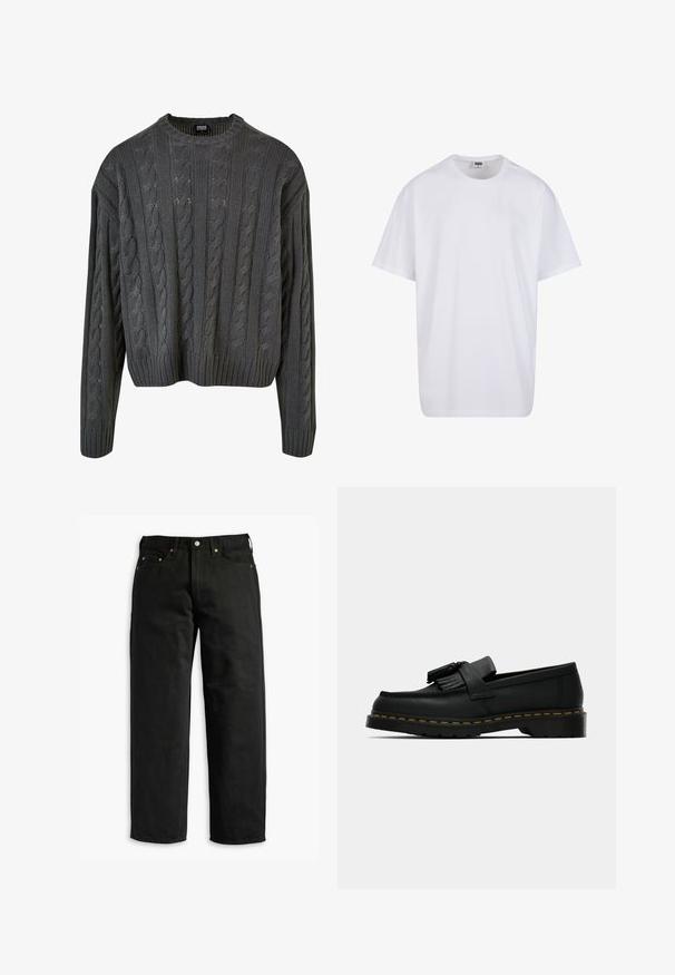 Tummakudottu villapaita tummanharmaana, pyöreällä kaula-aukolla, roikkumaisilla olkapäillä ja ribatulla helmalla. Sisältää teksturoidut kuviot koko ajan.; Valkoinen puuvillainen t-paita, jossa on lyhyet hihat, pyöreä kaula-aukko, rento istuvuus ja ei näkyviä logoja tai kuvioita. Sileä pinta ja minimaalinen muotoilu.; Musta farkkuhousut rentoa istuvuutta, joissa on viisi taskua ja kuparinaskalit, tasainen vyötärö ja suorat lahkeet, sileä pinta.; Musta nahkakalvosin tupsuilla, keltainen tikkaus pohjan ympärillä ja paksu, uritettu kumipohja.