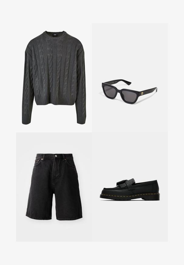 Cable-strikket pullover i mørkegrå med rund halsudskæring, drop-skulder og ribbet bund. Har teksturerede mønstre overalt.; Sorte denimshorts med løs pasform, udstyret med kobberdetaljer, fem lommer og en lige kant. Stoffet har en blød, struktureret overflade.; Sorte læder loafers med kvaster, gul syning langs sålen og en tyk, rillede gummisål.; Sorte rektangulære solbriller med en blank finish, mørke linser og guldhardware på templet med logoen.