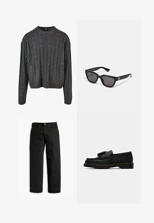 Dámsky sveter s pleteným vzorom v tmavo šedej farbe, s okrúhlym výstrihom, spustenými ramenami a rebrovaným lemom. Obsahuje texturované vzory po celom povrchu.; Čierne denimové nohavice s voľným strihom, s piatimi vreckami a mosadznými nitmi, plochý pás a rovné nohavice, hladká textúra.; Čierne kožené mokasíny s strapcami, žltým prešitím pozdĺž podrážky a hrubou, vrúbkovanou gumovou podrážkou.; Čierne hranaté slnečné okuliare s lesklým povrchom, tmavými šošovkami a zlatými kovovými detailmi na spánku so znakom.