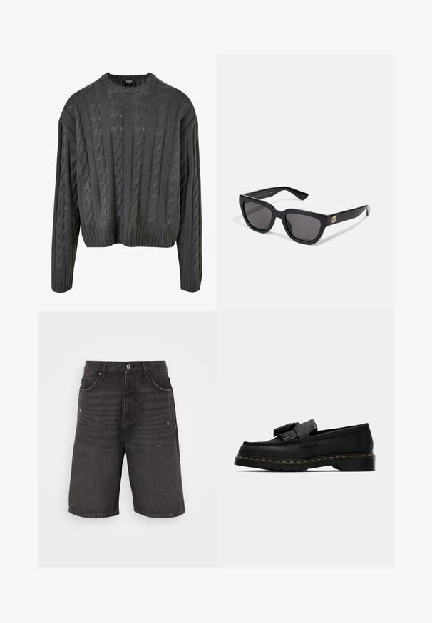 Mørkegrå kabelstrikket genser med rund hals, senkede skuldre og ribbestrikket hem. Har teksturerte mønstre over hele.; Sorte denimshorts med en avslappet passform, med frontlommer, en slitt tekstur og en klassisk linning med en enkelt knappelukking.; Svart lær loafer med dusk, gult søm langs sålen, og en tykk, rillede gummisåle.; Svarte rektangulære solbriller med en blank finish, mørke linser og gullhardwaredetaljer på stangene med logo.