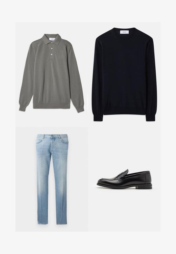 Mustas crew neck -neule, joka on tehty sileästä neulekankaasta. Pitkät hihat, joissa on tiukat hihansuut, ja rento malli kautta kehon.; Harmaa pitkähihainen polo-paita teksturoidusta kankaasta, jossa on klassinen kaulus, kolme nappia ja ribattu hihansuu.; Vaaleansiniset farkut suoran lahkeiden leikkauksella, hillityllä haalistumisella, viidellä taskulla ja napilla vyötärön kiinnityksessä.; Mustat nahkakengät, joissa on sileä pinta, pyöreä kärki ja koristeellinen nauha jalkapöydän yli. Matala pinoitu koroke, minimalistinen muotoilu.