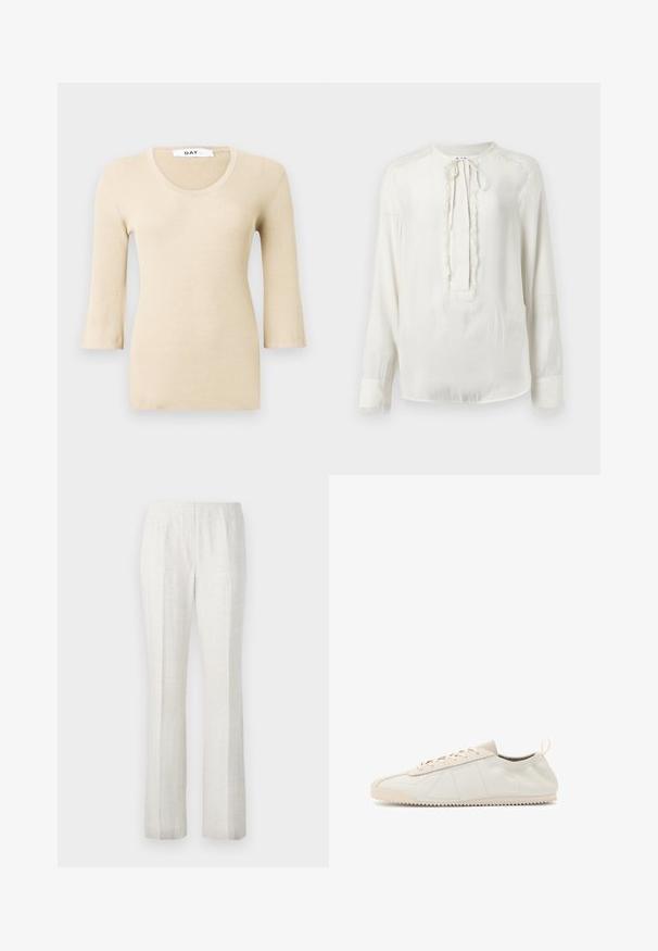 Beige ribbet langærmet bluse med en rund halsudskæring. Teksturen er glat og tætsiddende. Udsvingede manchetter tilføjer en subtil designdetalje.; Hvid langærmet bluse med rund halsudskæring og snorelukning. Har en tekstureret kant langs fronten og manchetterne. Glat stoffinish.; Lysfarvede, lige ben-bukser med en glat tekstur, der har for-pleats og et enkelt talje-design.; Creme lædersneakers med rund tå, snørebånd, teksturerede detaljer og gummisål med tekstur, der har zigzag-mønster for godt greb.