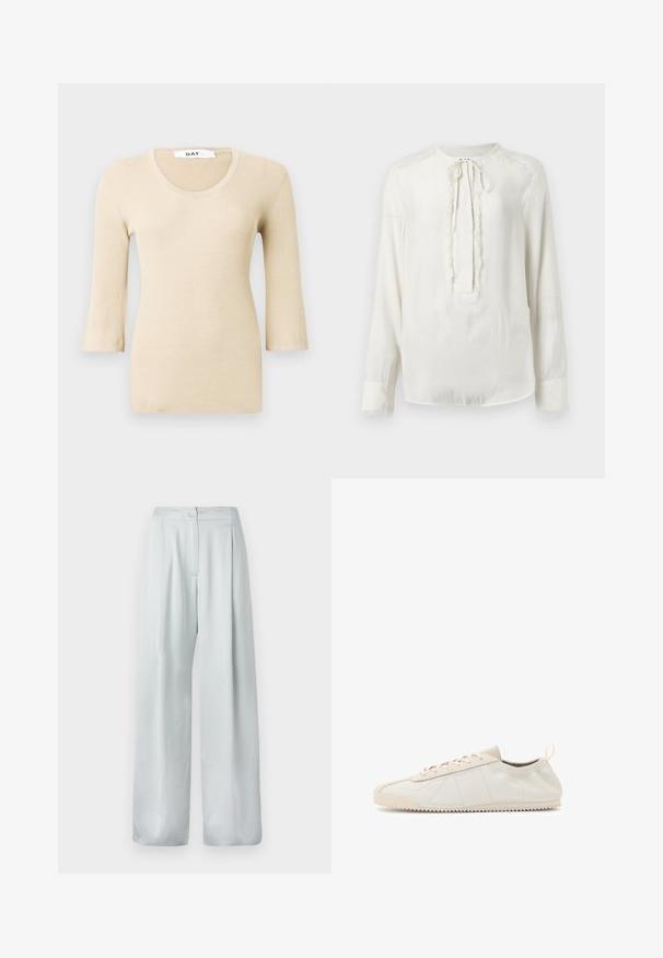 Beige ribbed long-sleeve top with a scoop neckline. The texture is smooth and fitted. Flared cuffs add a subtle design detail.; White long-sleeve blouse with a round neckline and tie closure. Features a textured trim along the front and cuffs. Smooth fabric finish.; Light gray wide-leg trousers with a smooth texture, featuring a front button closure and pleated design for added detail.; Cream leather sneaker with a rounded toe, lace-up design, textured accents, and textured rubber sole featuring zigzag traction pattern.