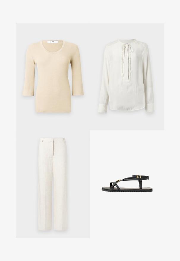Beige ribbed long-sleeve top with a scoop neckline. The texture is smooth and fitted. Flared cuffs add a subtle design detail.; White long-sleeve blouse with a round neckline and tie closure. Features a textured trim along the front and cuffs. Smooth fabric finish.; Beige wide-leg trousers in a linen blend, featuring a smooth texture, classic front pleats, and side pockets for added functionality.; Black leather sandals with thin straps and a buckled ankle strap. Flat sole with a textured finish and zigzag edge. Minimalist design.