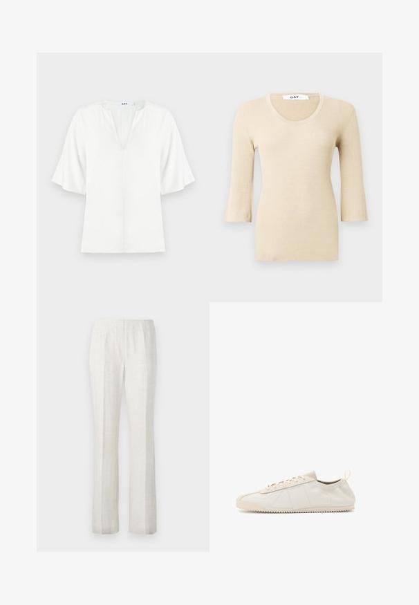Beige ribbed long-sleeve top with a scoop neckline. The texture is smooth and fitted. Flared cuffs add a subtle design detail.; White blouse with a V-neckline and wide short sleeves. Made from lightweight fabric, features a simple, smooth texture with no visible patterns.; Light-colored, straight-leg trousers with a smooth texture, featuring front pleats and a clean waistband design.; Cream leather sneaker with a rounded toe, lace-up design, textured accents, and textured rubber sole featuring zigzag traction pattern.