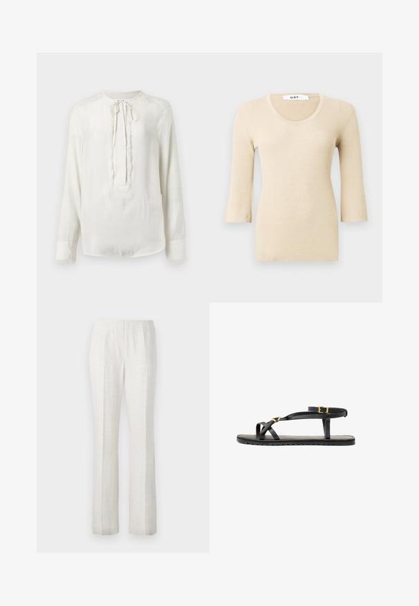 Beige ribbed long-sleeve top with a scoop neckline. The texture is smooth and fitted. Flared cuffs add a subtle design detail.; White long-sleeve blouse with a round neckline and tie closure. Features a textured trim along the front and cuffs. Smooth fabric finish.; Light-colored, straight-leg trousers with a smooth texture, featuring front pleats and a clean waistband design.; Black leather sandals with thin straps and a buckled ankle strap. Flat sole with a textured finish and zigzag edge. Minimalist design.