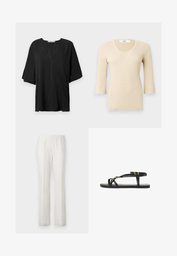 Beige geripptes Langarmoberteil mit einem runden Ausschnitt. Die Textur ist glatt und eng anliegend. Ausgestellte Ärmel sorgen für ein dezentes Designdetail.; Schwarze Bluse aus leichtem Stoff, mit V-Ausschnitt, lockeren kurzen Ärmeln und einer zentralen Nahtdetail. Geschmeidige Textur mit lockerer Passform.; Helle, gerade geschnittene Hosen mit einer glatten Textur, die vordere Falten und ein sauberes Taillendesign aufweisen.; Schwarze Ledersandalen mit dünnen Riemen und einem geschnallten Knöchelriemen. Flache Sohle mit texturiertem Finish und Zickzackkante. Minimalistisches Design.