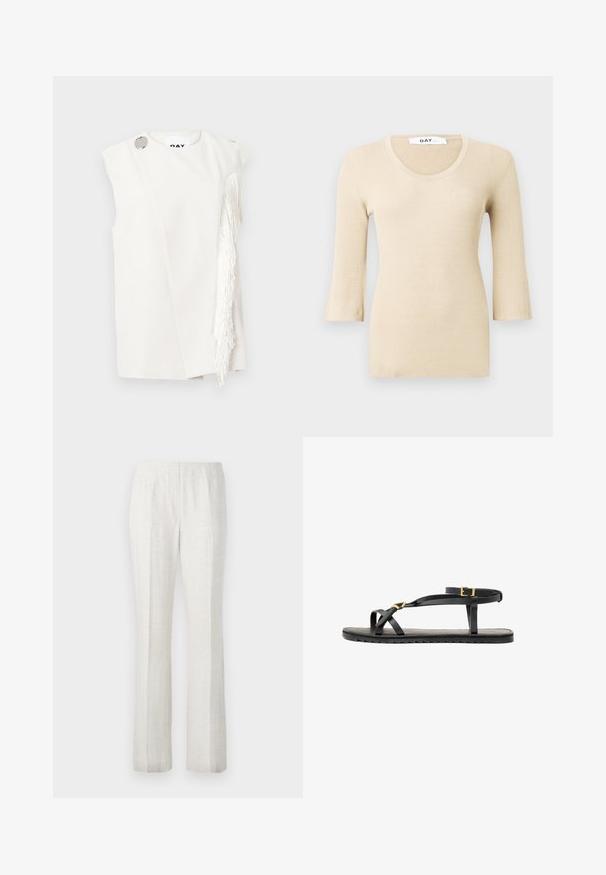 Beige geribbelde langetermijn top met een ronde hals. De textuur is glad en aansluitend. Flared mouwen voegen een subtiel ontwerpelement toe.; Witte mouwloze top met zijwaartse franjerand, zilveren knoopaccent op de schouder, gladde stof met een gestructureerd ontwerp, minimalistische silhouet.; Lichtgekleurde, rechte broek met een gladde textuur, voorzien van pijpplooien aan de voorkant en een strakke tailleband.; Zwarte leren sandalen met dunne banden en een gespsluiting rond de enkel. Platte zool met een gestructureerde afwerking en een zigzagrand. Minimalistisch design.