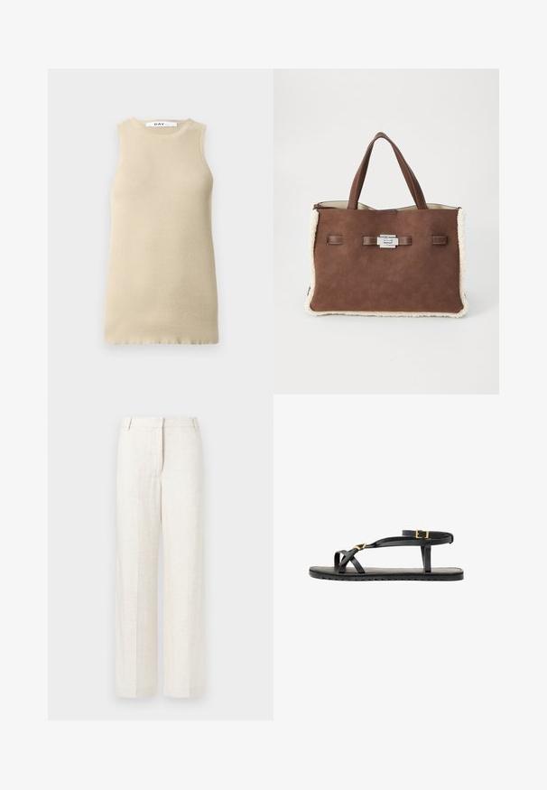 Beige ribbed long-sleeve top with a scoop neckline. The texture is smooth and fitted. Flared cuffs add a subtle design detail.; Beige ribbed sleeveless top with a round neckline, featuring a snug fit and smooth texture, ideal for layering or warm weather.; White long-sleeve blouse with a round neckline and tie closure. Features a textured trim along the front and cuffs. Smooth fabric finish.; Beige wide-leg trousers in a linen blend, featuring a smooth texture, classic front pleats, and side pockets for added functionality.; Black leather sandals with thin straps and a buckled ankle strap. Flat sole with a textured finish and zigzag edge. Minimalist design.; Brown suede tote bag with soft cream shearling trim, double handles, and a silver rectangular clasp closure on a plain white background.