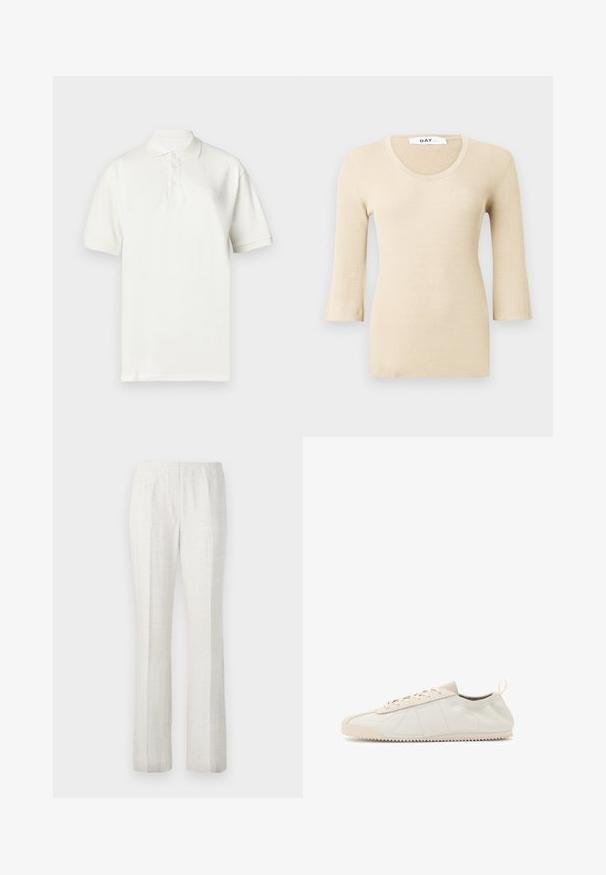 Beige ribbet langærmet bluse med en rund halsudskæring. Teksturen er glat og tætsiddende. Udsvingede manchetter tilføjer en subtil designdetalje.; Hvid polo-shirt lavet af bomuld, med krave, korte ærmer og tre knapper foran. Diskret brandlogo broderet på brystet.; Lysfarvede, lige ben-bukser med en glat tekstur, der har for-pleats og et enkelt talje-design.; Creme lædersneakers med rund tå, snørebånd, teksturerede detaljer og gummisål med tekstur, der har zigzag-mønster for godt greb.