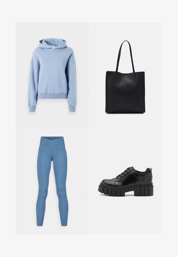 Šviesiai mėlyna su kapuci džemperis, pagamintas iš švelnaus medvilnės, su laisvu siluetu, raukšlėtomis rankogaliais ir apačia bei kengūros kišenė.; Hunkemöller CROSS OVER LEGGING - Tamprės - blue; Juodi odiniai platformos batai su masyviu blokuota kulniuku, apvalia nosimi ir tradiciniu šnypštimo dizainu. Turintys glotnų paviršių ir minimalų dekoravimą.; Juodas odinis tote krepšys su lygia tekstūra, stačiakampio formos ir dviem ilgais rankenomis. Matomų metalinių detalių ar puošybos nėra.