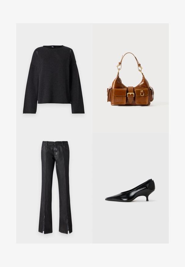 Must mustriga sviiter ümmarguse kaelusega, pikkade varrukatega ja lõdva lõikega. Omab õlavarreõmblustes ja sirgel alläärel peeneid detaile.; Mustad mustad püksid läikiva viimistlusega, millel on kaks esikotti ja lõhikute disain säärtel, valmistatud vastupidavast kangast.; Mustmust musta king varvas, madal konts, voolujooneline disain ja sile tekstuur. Omab libisevat stiili, ilma nähtava riistmikuta.; Pruun nahast käekott, millel on kõver kuju, kahekordne kullatooniline riistvara, kaks esitaskut ja lai rihm. Sile tekstuur ja läikiv viimistlus.