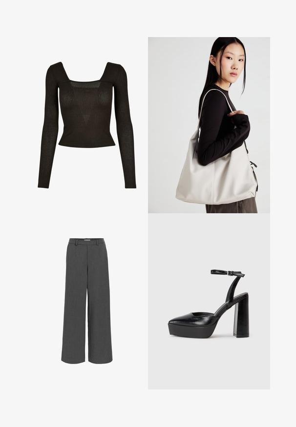 Musthave musta pikkade varrukatega top, millel on ruudukujuline kaelus, ribatekk ja kohandatud siluett. Materjal näib olevat elastne ja kerge.; Hallid laiad tumedad püksid, mis on valmistatud tekstuuriga kangast, elastse vöökoha ja esikottidega, tagades mugava istuvuse.; Mustad platvormi kontsad terava ninaga ja reguleeritava pahkluuraamiga. Valmistatud siledast nahast, funktsioneerib massiivse plokknäheeliga.; Bež käekott pehme materjali, millel on lõtv disain, õmblustega detailid ja kaks õlarihma. Sobib igapäevaseks kasutamiseks.