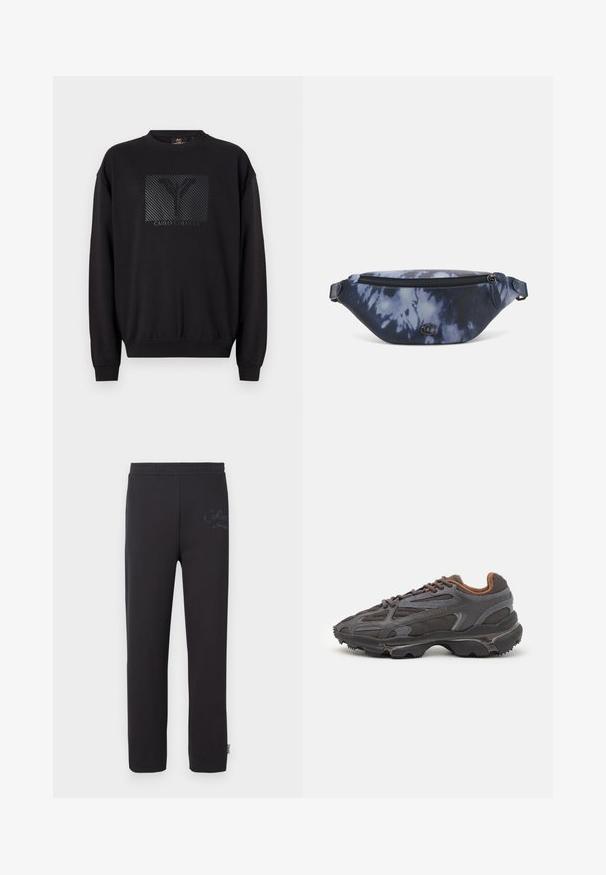 Schwarzer Sweatshirt mit rundem Halsausschnitt, ausgestattet mit einem strukturierten schwarzen Grafiklogo in einem Kasten sowie gerippten Bündchen und Saum. Klassische Passform, aus weichem Material gefertigt.; Schwarze Jogginghosen mit einem elastischen Bund, die ein dezentes aufgedrucktes Logo am linken Oberschenkel und ein gerades Bein-Design aufweisen.; Lacoste Sneaker in Dunkelgrau aus Mesh und Synthetikmaterial, mit einer strukturierten Sohle und braunen Akzenten am Kragen und Logo.; Bauchtasche im dunkelblauen Batikdruck mit einem Reißverschluss oben, strukturiertem Material und einem auffälligen Logodetail auf der Vorderseite.