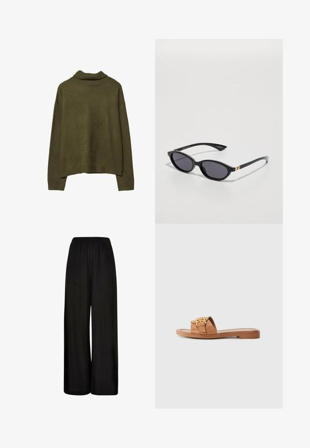 Oliivinvihreä pitkähihainen neulepusero, jossa on ribbaus muotovalekäytävissä, hihansuissa ja helman kohdalla, asetettuna tasaisesti valkoista taustaa vasten.; Mustat leveät housut, jotka on valmistettu sileästä kankaasta. Ominaisuuksiin kuuluu joustava vyötärönauha ja väljät, valuva istuvuus mukavuutta ja liikkumisen helppoutta varten.; Ruskea nahkainen liukuva sandaali, jossa on leveä nauha, kultaiset yksityiskohdat, tasapohja ja minimalistinen muotoilu. Sopii rentoon käyttöön.; Mustat aurinkolasit, joissa on ovaalit linssit, tummat sävygradientit ja kapeat varret, joissa on hienovaraiset kultaiset yksityiskohdat. Sileä muovipinta.; Kangaskassi, jossa on sarjakuvakarhu vihreässä huivissa ja bleiserissä, ruskeat nahkaremmit. Valkoinen tausta, painettu kuvio.