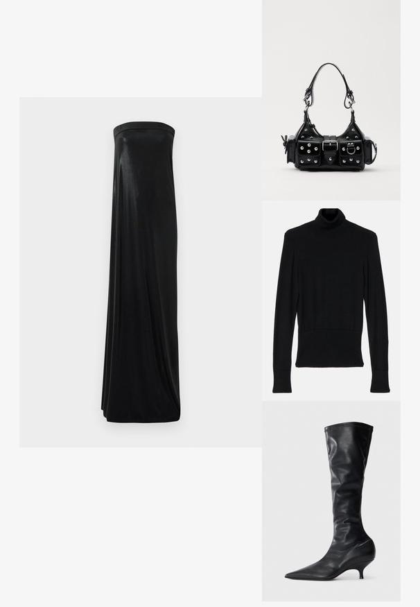 AERON TENDER LONG SLEEVED - Svetr - black; Černé dlouhé šaty bez ramínek vyrobené z hladké, lesklé textilie. Mají přiléhavý korzet a splývavý střih, sahající až k zemi, bez ozdob.; Černé kožené vysoké bots s špičatou špičkou a úzkým, zakřiveným podpatkem. Měkká textura a hladký povrch s minimálními švy.; Černá kožená kabelka s křivkovým designem, zdobená stříbrnými hřebíky, s přezkou a dvěma bočními kapsami. Nastavitelný popruh pro různé možnosti nošení.