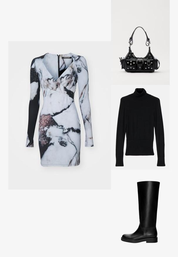 AERON TENDER LONG SLEEVED - Svetrík - black; Dlhé rukávy šaty s mramorovým vzorom v bielej, čiernej a náznakoch ružovej, s priliehajúcou siluetou a hlbokým výstrihom do V.; Čierne kožené čižmy po kolená s hladkou textúrou, okrúhlou špičkou, nenápadným dizajnom a nízkym blokovým podpätkom. Žiadne viditeľné kovanie ani vzory.; Čierna kožená kabelka s zakriveným dizajnom, doplnená striebornými cvočkami, prackou a dvoma bočnými vreckami. Nastaviteľný popruh poskytuje rôzne možnosti nosenia.