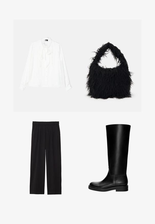 AERON TENDER LONG SLEEVED - Svetrík - black; Biela košeľa s dlhým rukávom, so volánikom na prednej strane, zapínaním na gombíky a detailom na viazanie. Hladká textúra, klasický golier a voľný strih.; Čierne široké nohavice so skladaným predným dielom, bočnými vreckami a hladkým textilným povrchom. Navrhnuté na voľný strih.; Čierne kožené čižmy po kolená s hladkou textúrou, okrúhlou špičkou, nenápadným dizajnom a nízkym blokovým podpätkom. Žiadne viditeľné kovanie ani vzory.; Even&Odd Veľká kabelka - black
