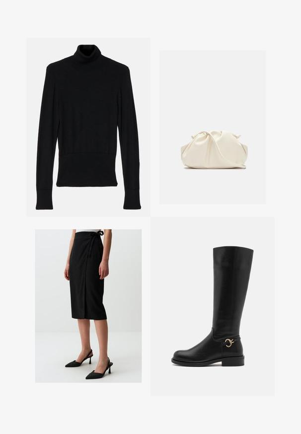 AERON TENDER LONG SLEEVED  - Pullover - black; Jupe noire mi-longue avec un design en drapé, fabriquée en tissu texturé, dotée d'un nœud sur le côté. Associée à des escarpins noirs à bout pointu.; Anna Field Wide Fit Bottes - black; Sac en cuir synthétique de couleur crème, doux, avec un design froncé, une bandoulière adjustable et une fermeture à cordon subtile. Texture lisse et forme arrondie.; Boucles d'oreilles en argent avec des surfaces rondes et réfléchissantes ; design minimaliste avec une texture lisse et un détail de marque subtil.