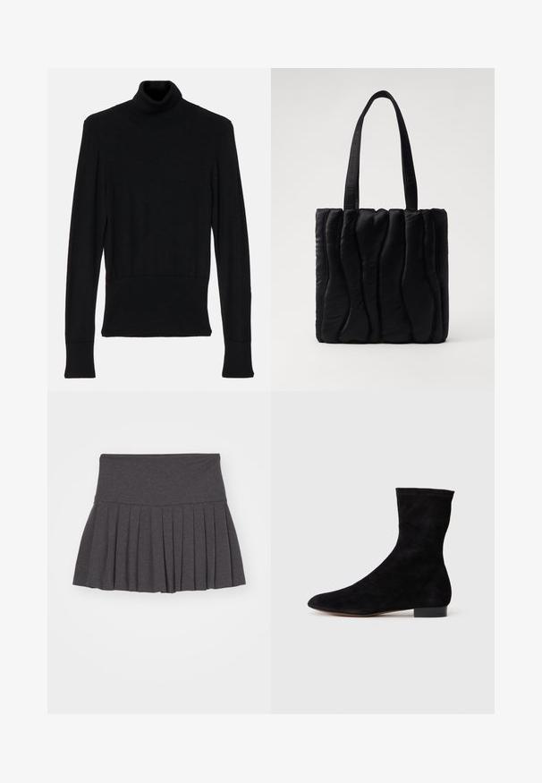 AERON TENDER LONG SLEEVED - Πουλόβερ - black; Norma Kamali SKIRT - Φούστα σε γραμμή Α - dark heather grey; Μαύρη σουέντ ankle boot με εφαρμοστό άξονα, μυτερή μύτη και χαμηλό τετράγωνο τακούνι. Λείο υλικό και μινιμαλιστικός σχεδιασμός, κατάλληλη για πολυάριθμους συνδυασμούς.; Μαύρη τσάντα παραλίας φτιαγμένη από μαλακό ύφασμα, με κυματιστή υφή, δύο ανθεκτικούς ιμάντες και ορθογώνιο σχήμα. Απλός, μοντέρνος σχεδιασμός.