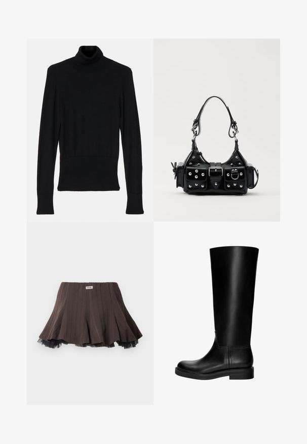 AERON TENDER LONG SLEEVED - Striktrøje - black; Brun plisseret nederdel med et tekstureret stof, der har et lagdelt sort tylkant ved kanten og et lille logomærke på taljebåndet.; Sorte læderknæhøje støvler med en glat overflade, rund tå, diskret design og en lav blokhæl. Ingen synlig hardware eller mønstre.; Sort læderhåndtaske med et buet design, prydet med sølvfarvede nitter, en spænde og to sidelommer. Justerbar rem til forskellige bære muligheder.